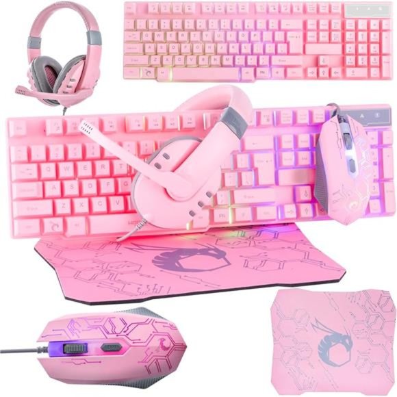 Pink Gaming Keyboard and Mouse Headset Headphones and Mouse pad, Wired LED RGB